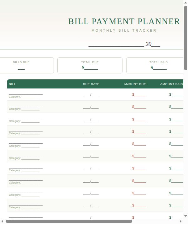 Bill Payment Planner printable